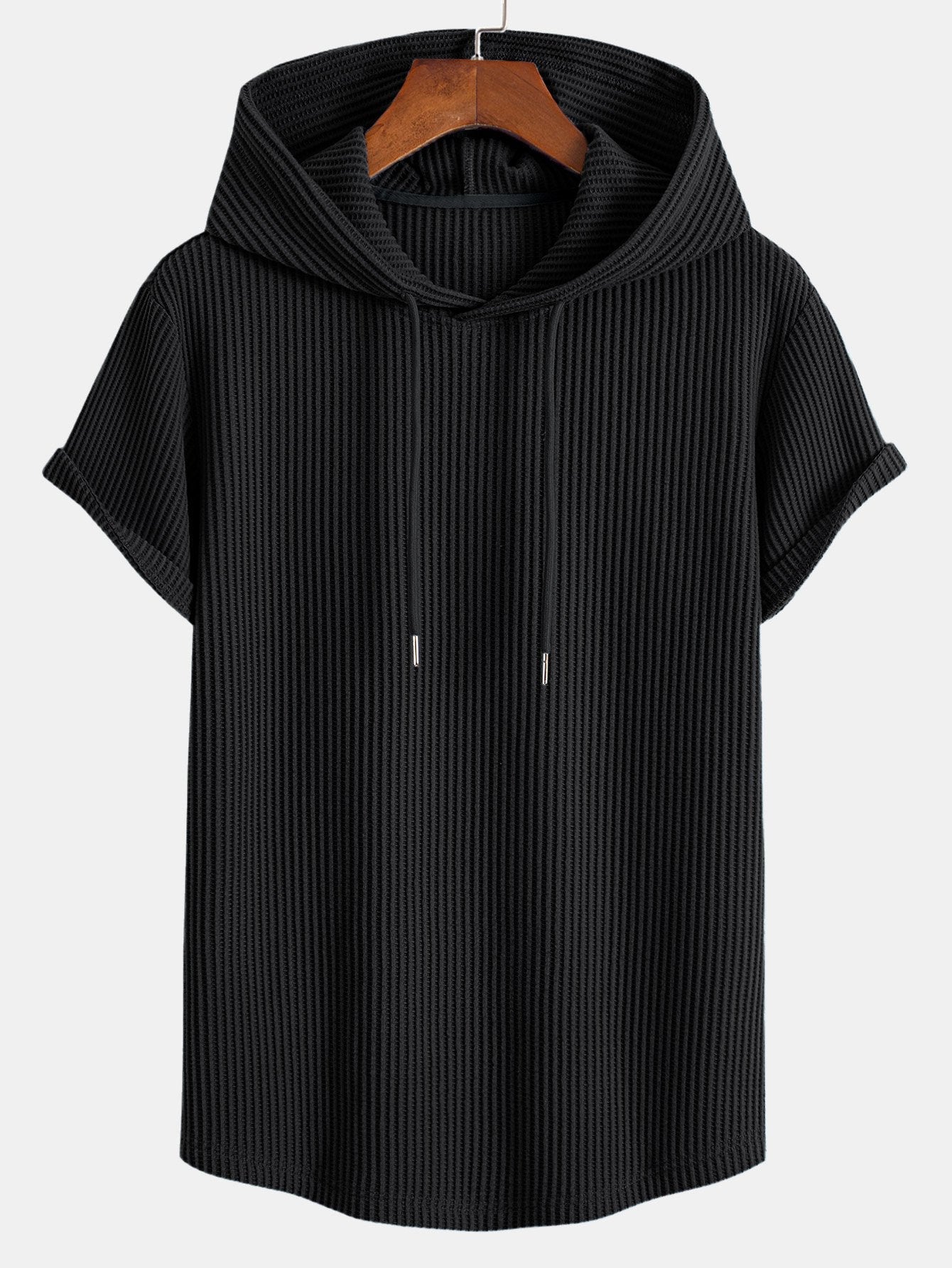 Knitted Waffle Arc Hem Hooded T-Shirt
