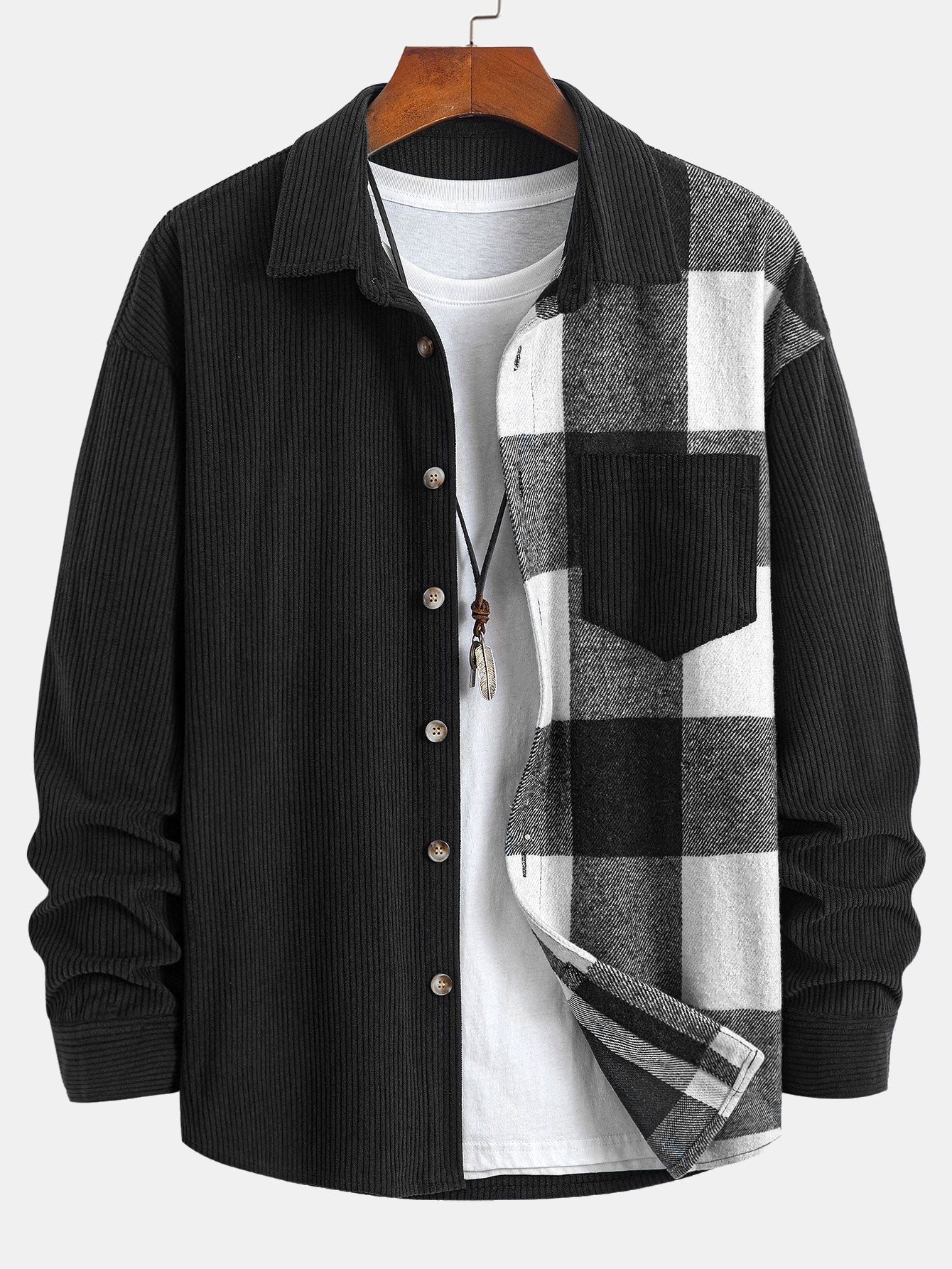 Relax Fit Corduroy Plaid Patchwork Shirt