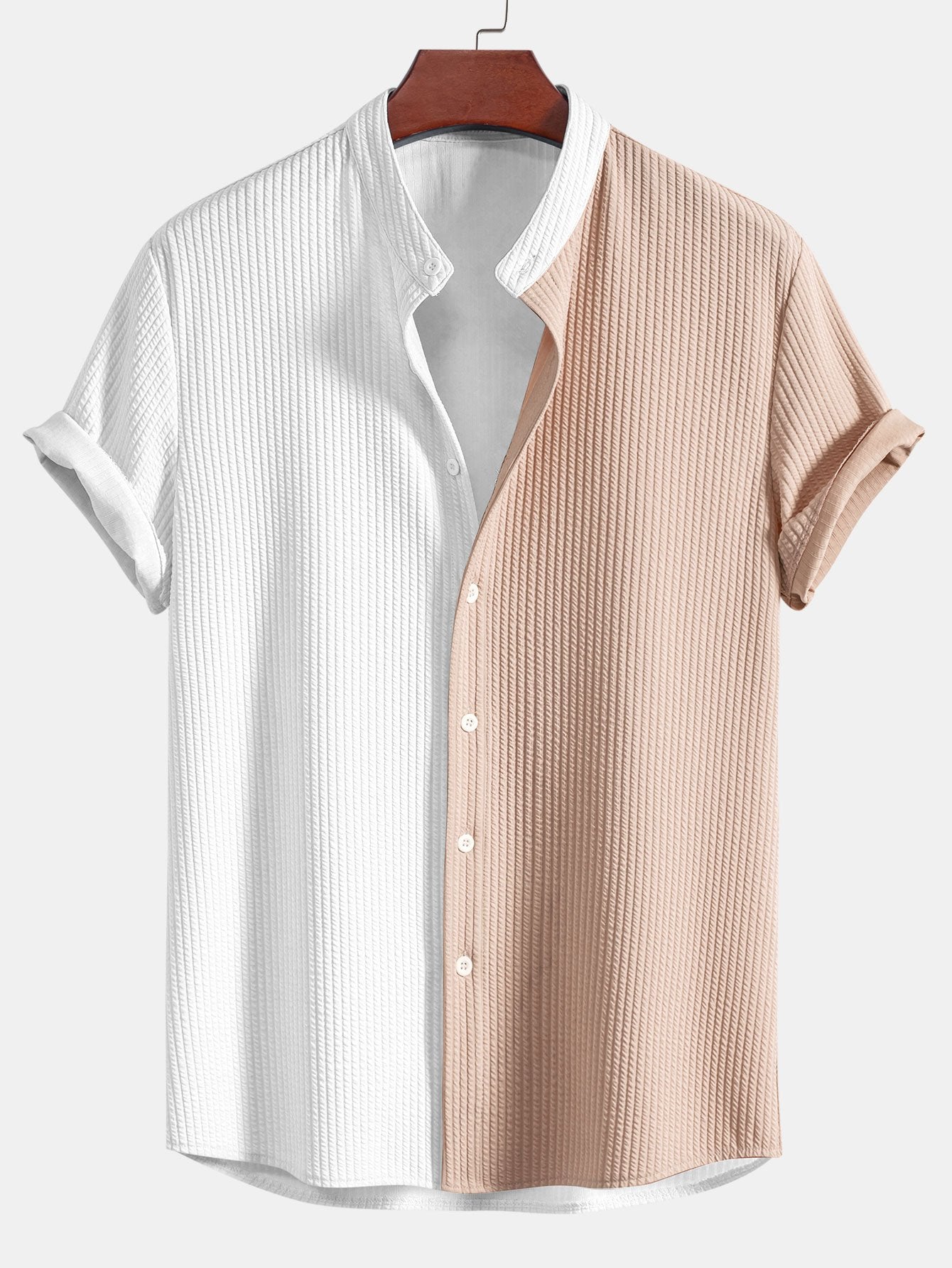 Two Tone Muscle Fit Ribbed Stand Collar Shirt