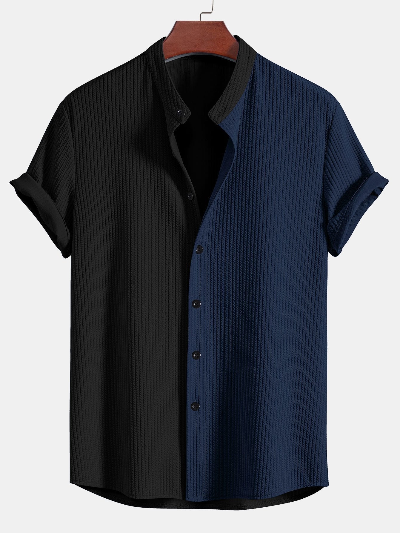Two Tone Muscle Fit Ribbed Stand Collar Shirt