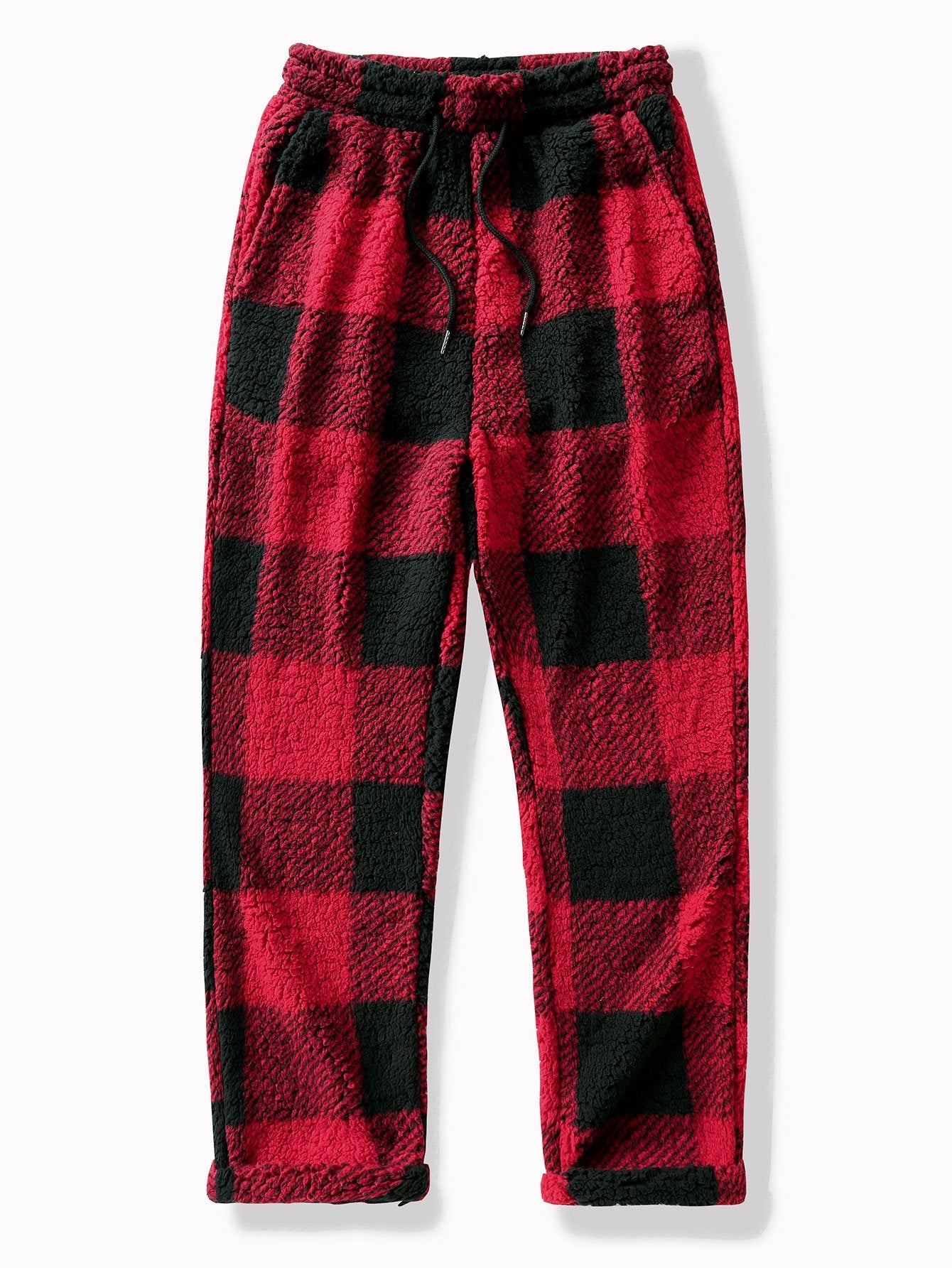 Straight Leg Plaid Pattern Teddy Pants