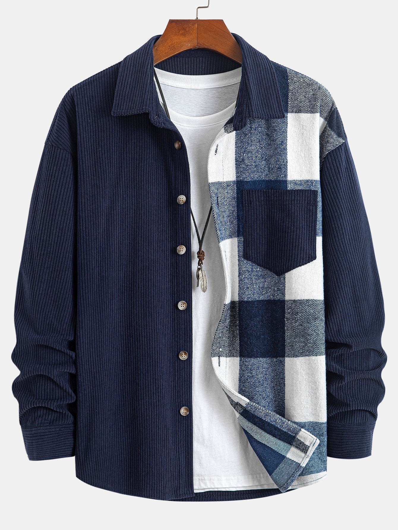 Relax Fit Corduroy Plaid Patchwork Shirt