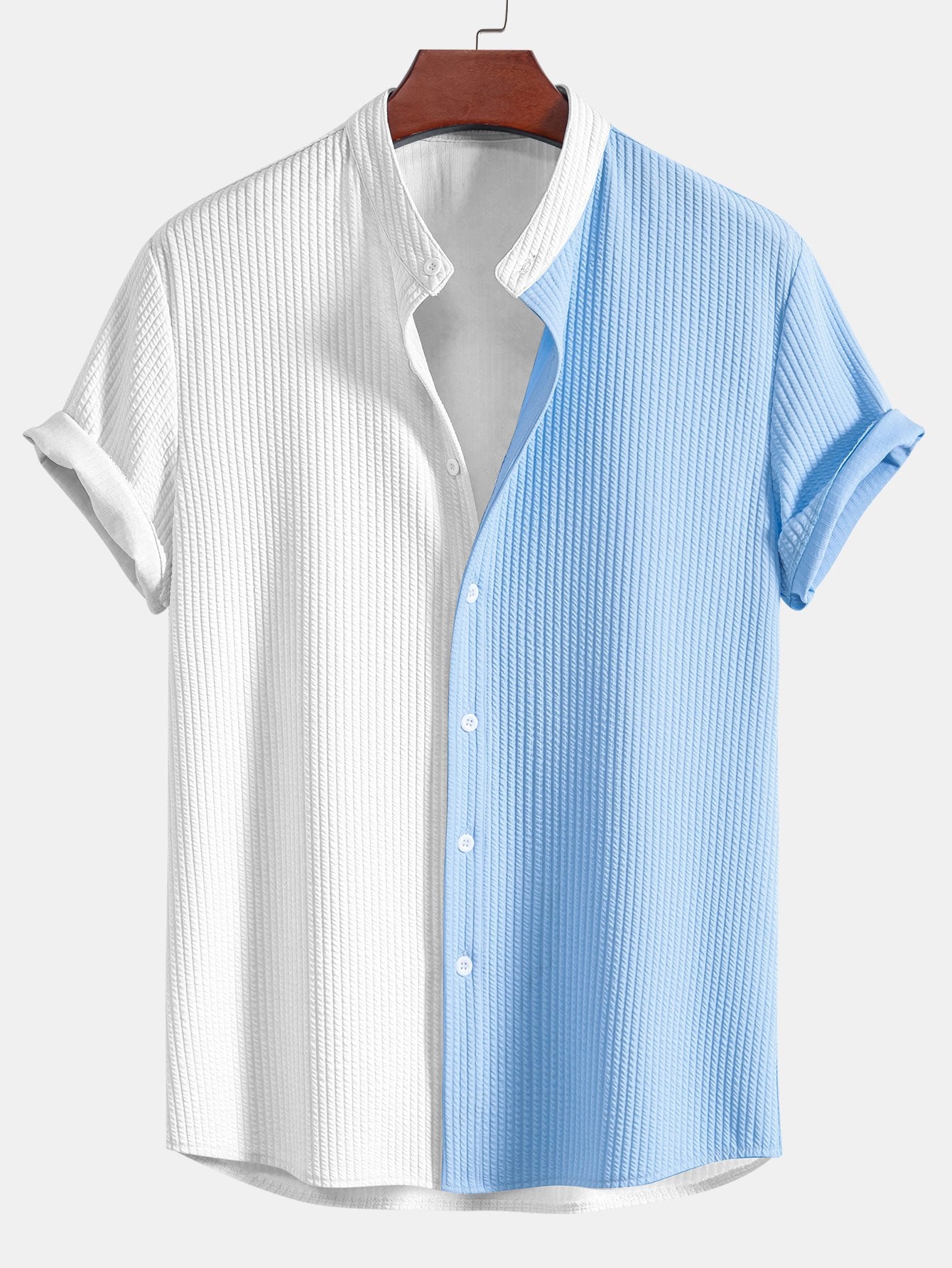 Two Tone Muscle Fit Ribbed Stand Collar Shirt