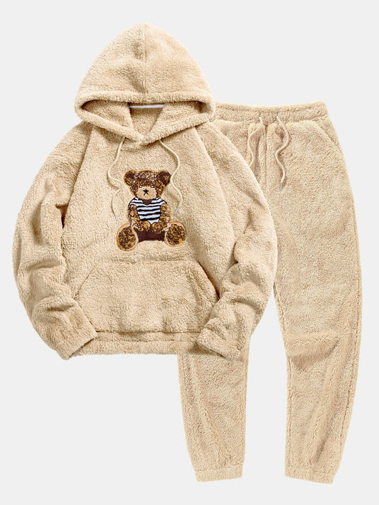 Bear Embroidered Patch Teddy Hoodie & Teddy Jogger Pants