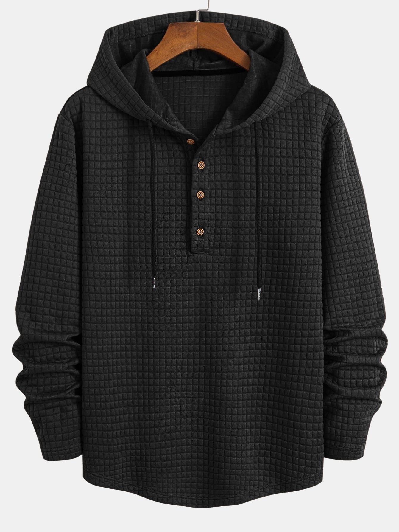 Long Sleeve Waffle Half Button Placket Arc Hem Hooded T-shirt
