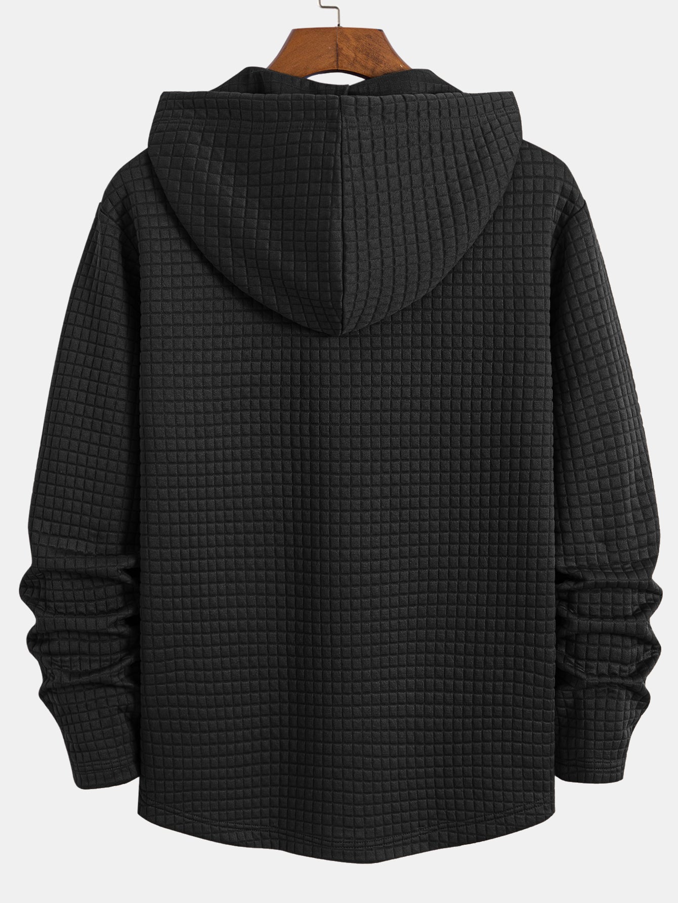 Long Sleeve Waffle Half Button Placket Arc Hem Hooded T-shirt