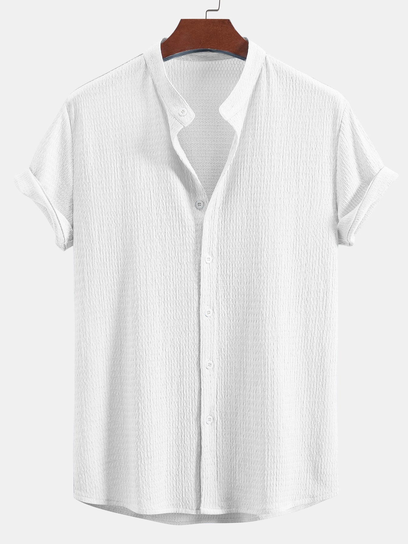 Muscle Fit Wrinkled Textured Stand Collar Shirt