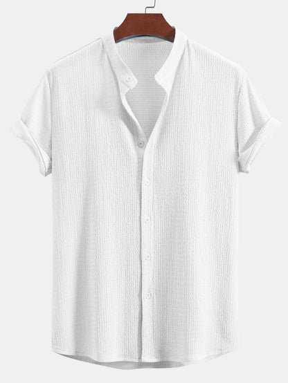 Muscle Fit Wrinkled Textured Stand Collar Shirt