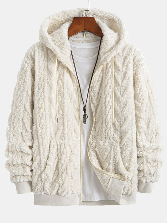 Geometric Jacquard Zip Up Teddy Hoodie