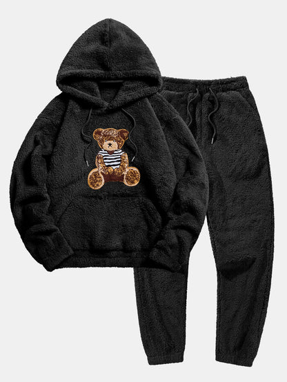 Bear Embroidered Patch Teddy Hoodie & Teddy Jogger Pants