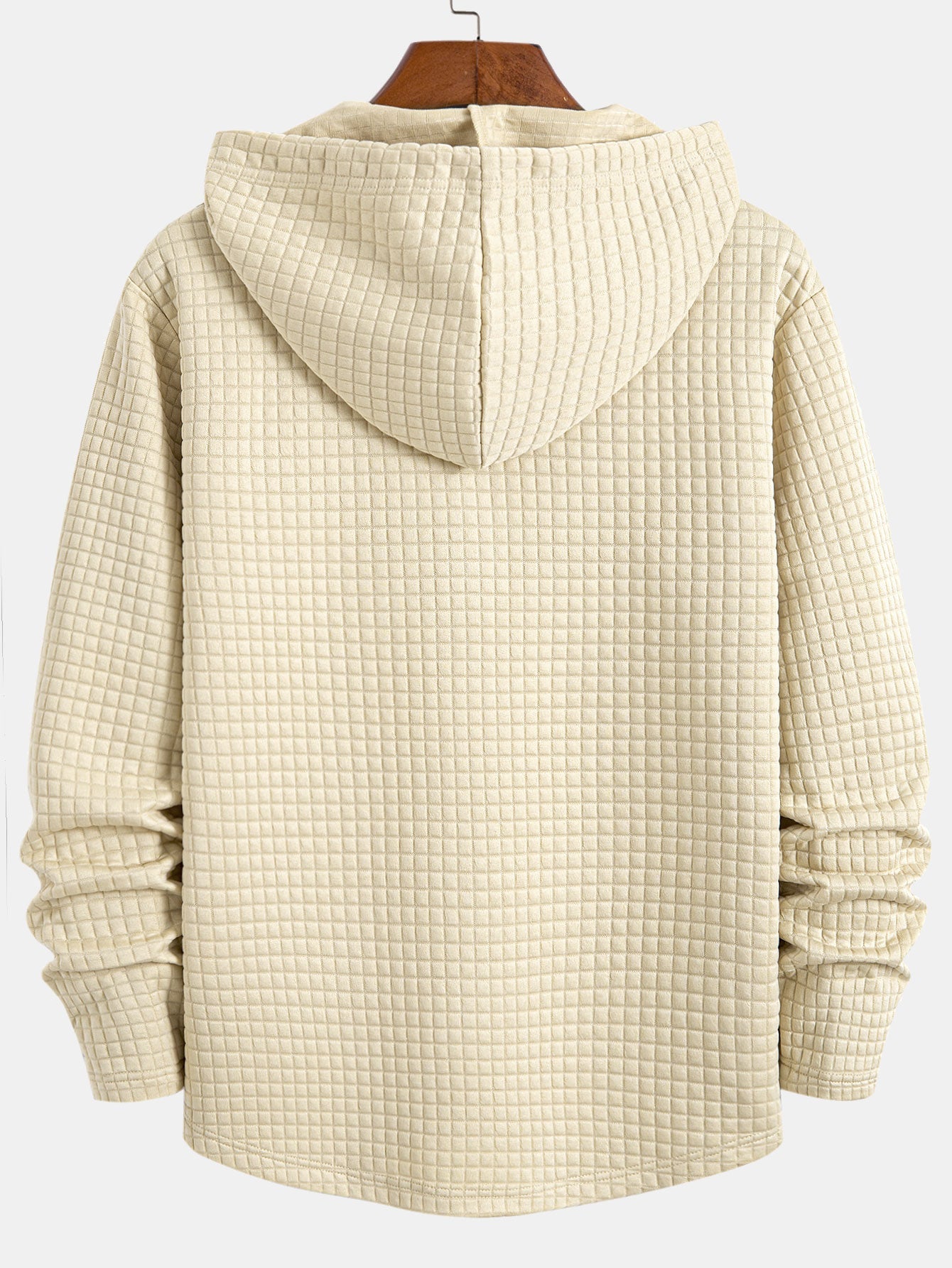 Long Sleeve Waffle Half Button Placket Arc Hem Hooded T-shirt