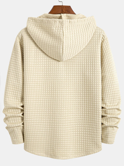 Long Sleeve Waffle Half Button Placket Arc Hem Hooded T-shirt