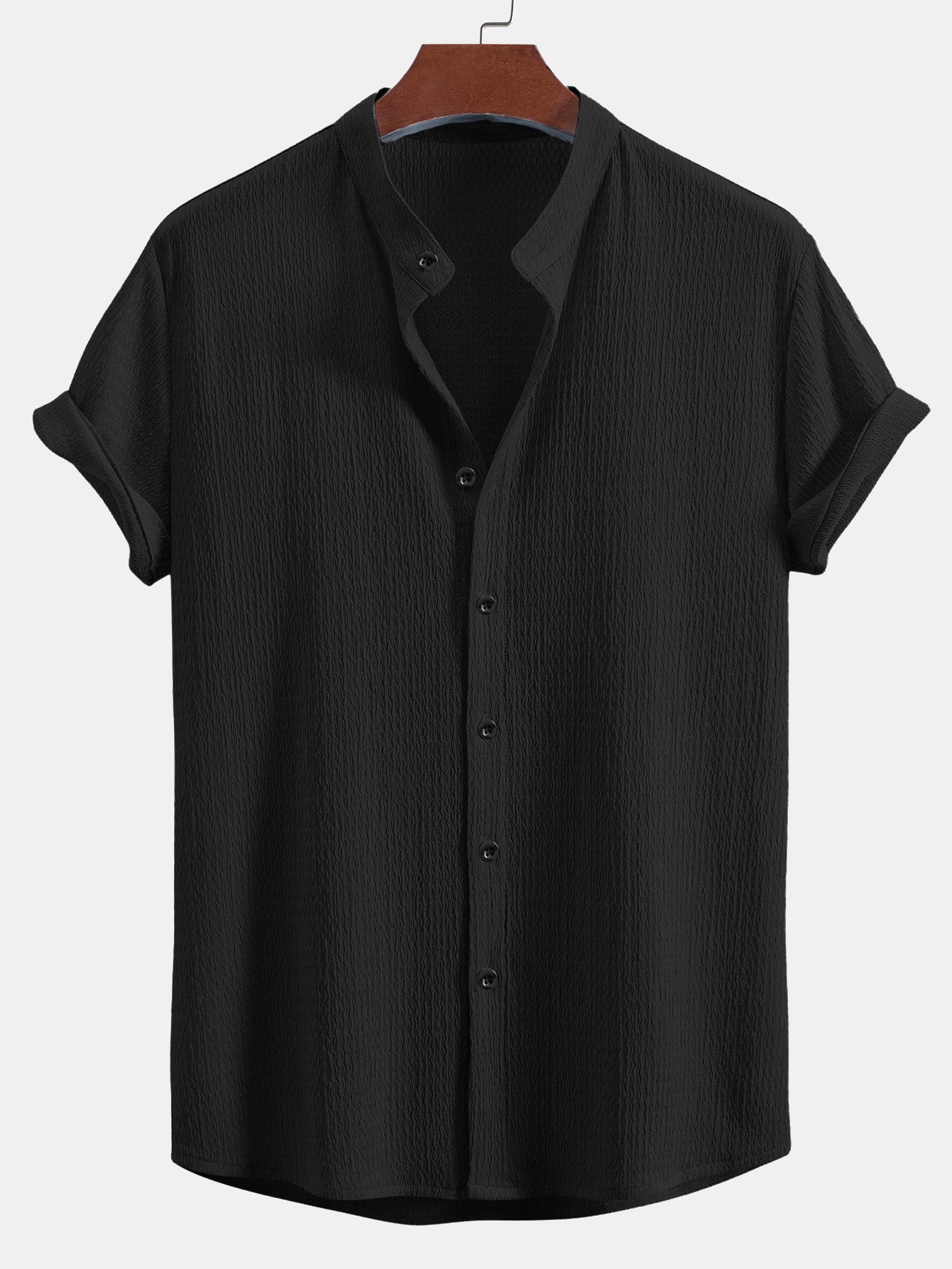 Muscle Fit Wrinkled Textured Stand Collar Shirt