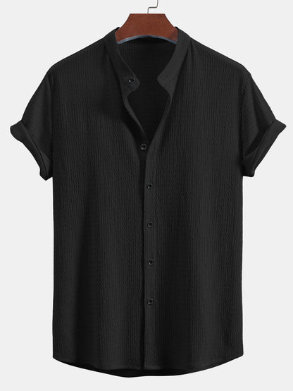 Muscle Fit Wrinkled Textured Stand Collar Shirt