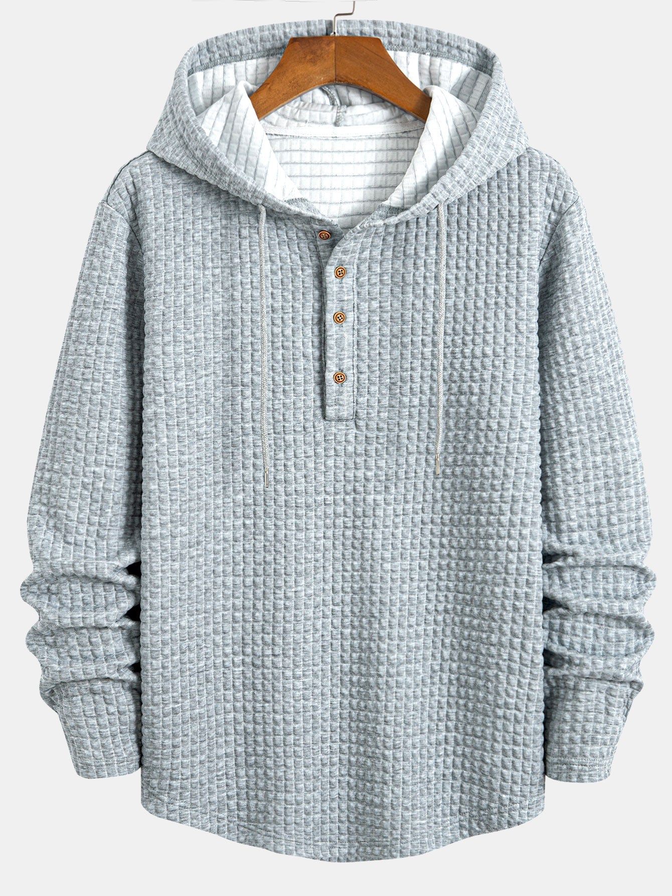 Long Sleeve Waffle Half Button Placket Arc Hem Hooded T-shirt