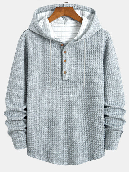 Long Sleeve Waffle Half Button Placket Arc Hem Hooded T-shirt