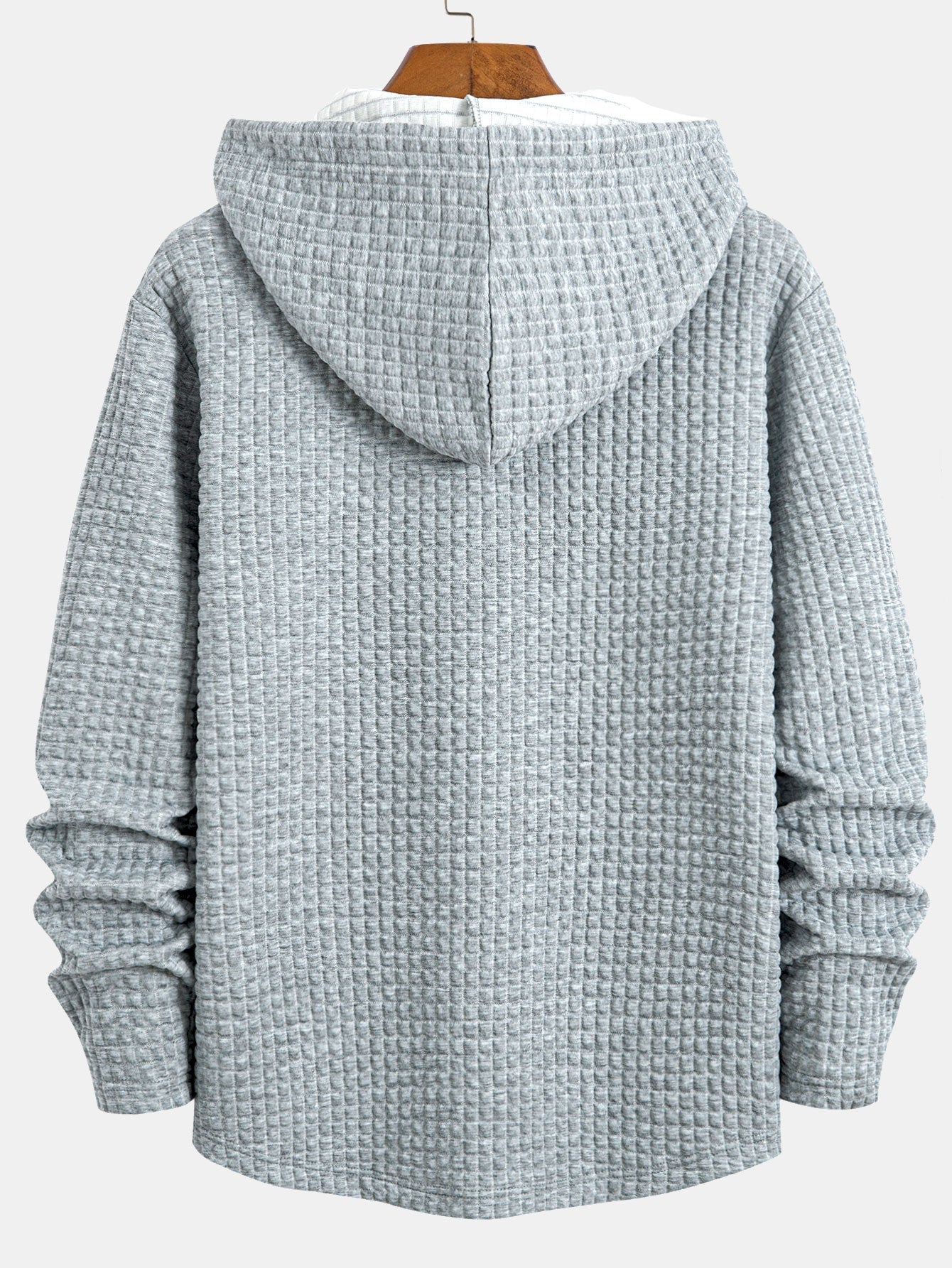 Long Sleeve Waffle Half Button Placket Arc Hem Hooded T-shirt