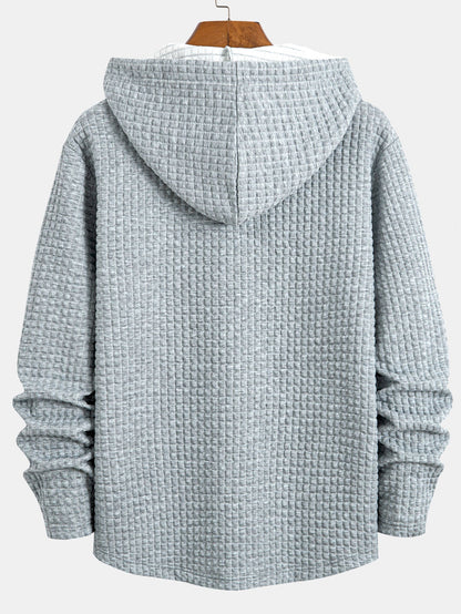 Long Sleeve Waffle Half Button Placket Arc Hem Hooded T-shirt