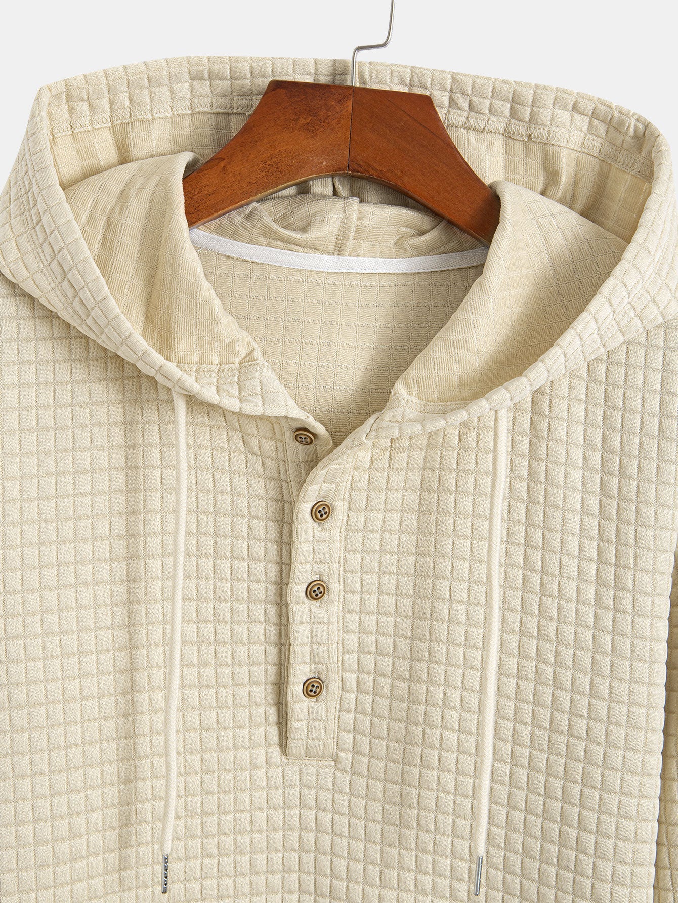 Long Sleeve Waffle Half Button Placket Arc Hem Hooded T-shirt