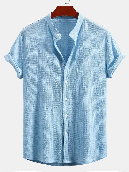 Muscle Fit Wrinkled Textured Stand Collar Shirt