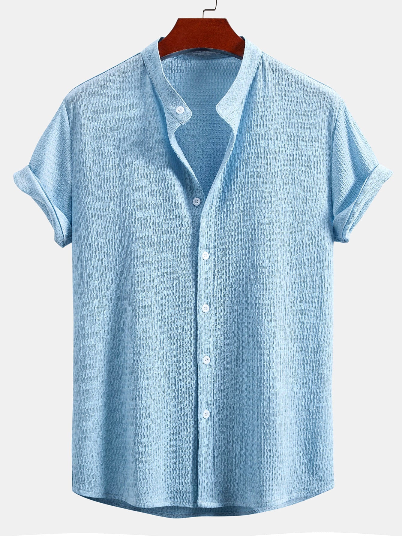 Muscle Fit Wrinkled Textured Stand Collar Shirt