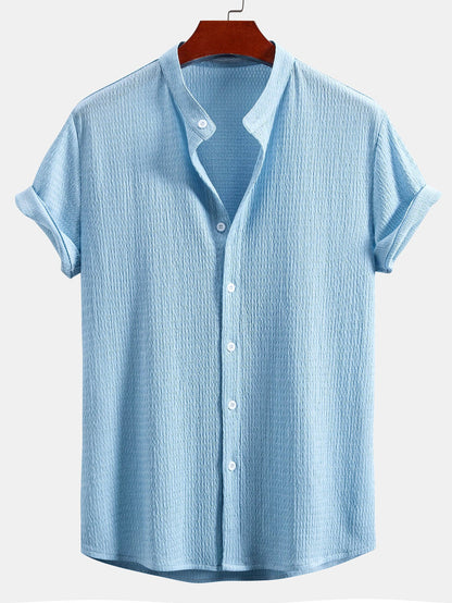 Muscle Fit Wrinkled Textured Stand Collar Shirt