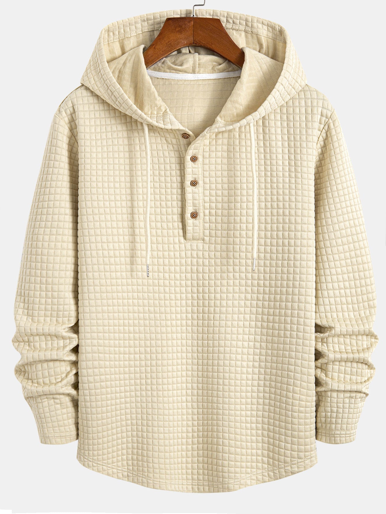 Long Sleeve Waffle Half Button Placket Arc Hem Hooded T-shirt