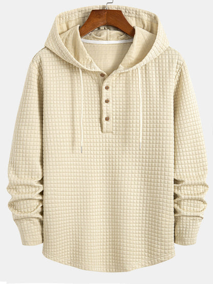 Long Sleeve Waffle Half Button Placket Arc Hem Hooded T-shirt