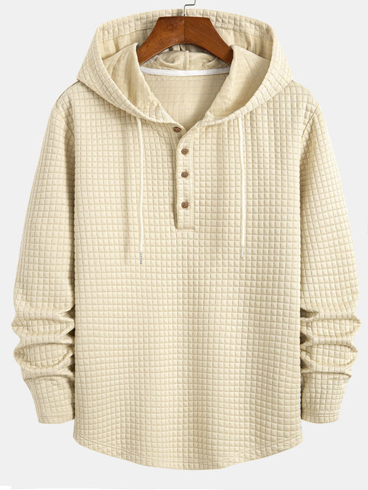 Long Sleeve Waffle Half Button Placket Arc Hem Hooded T-shirt