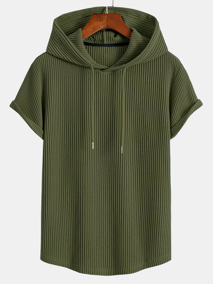 Knitted Waffle Arc Hem Hooded T-Shirt