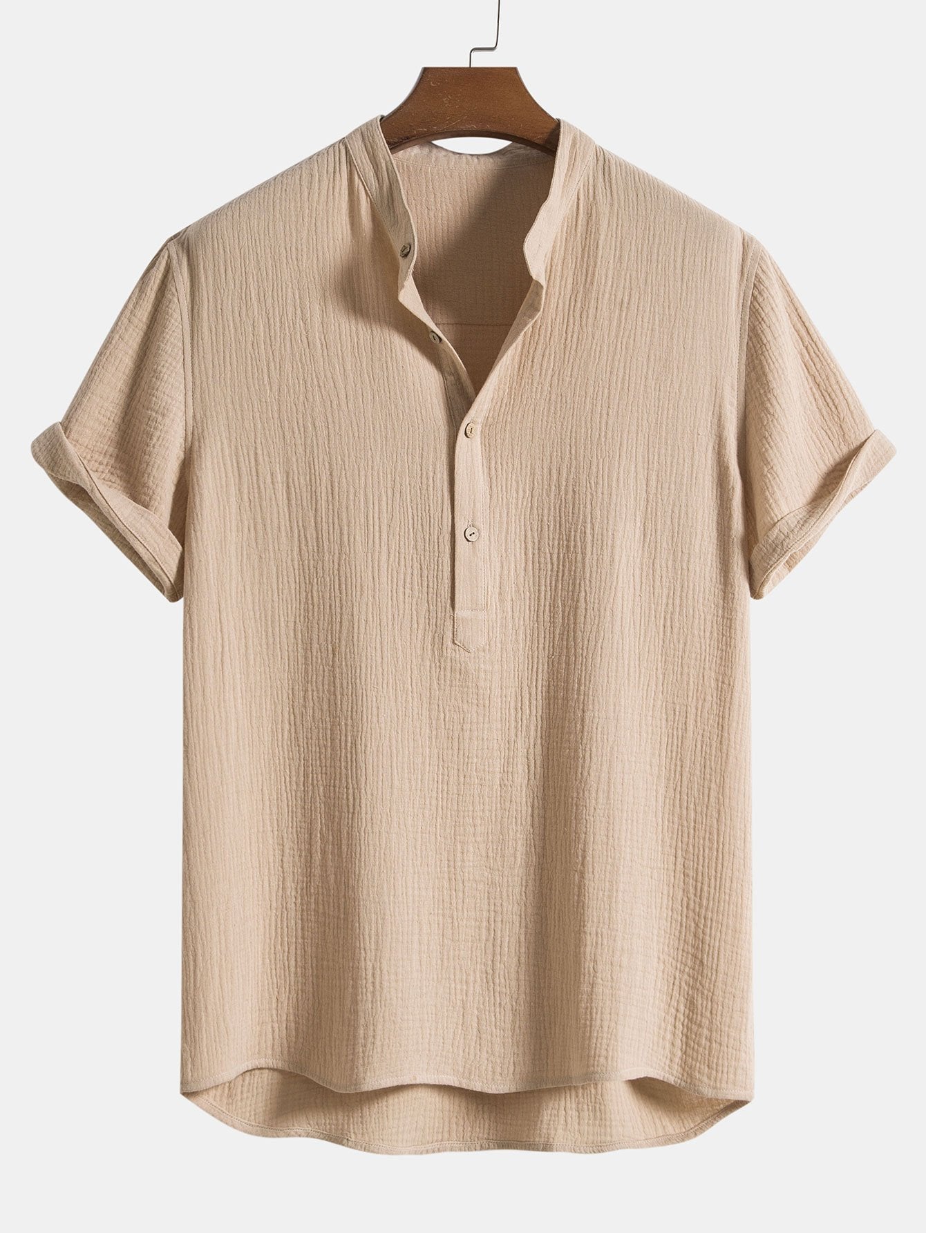Wrinkled Cotton Half Open Placket Henley Collar Shirt
