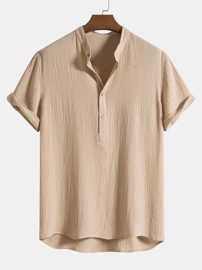 Wrinkled Cotton Half Open Placket Henley Collar Shirt