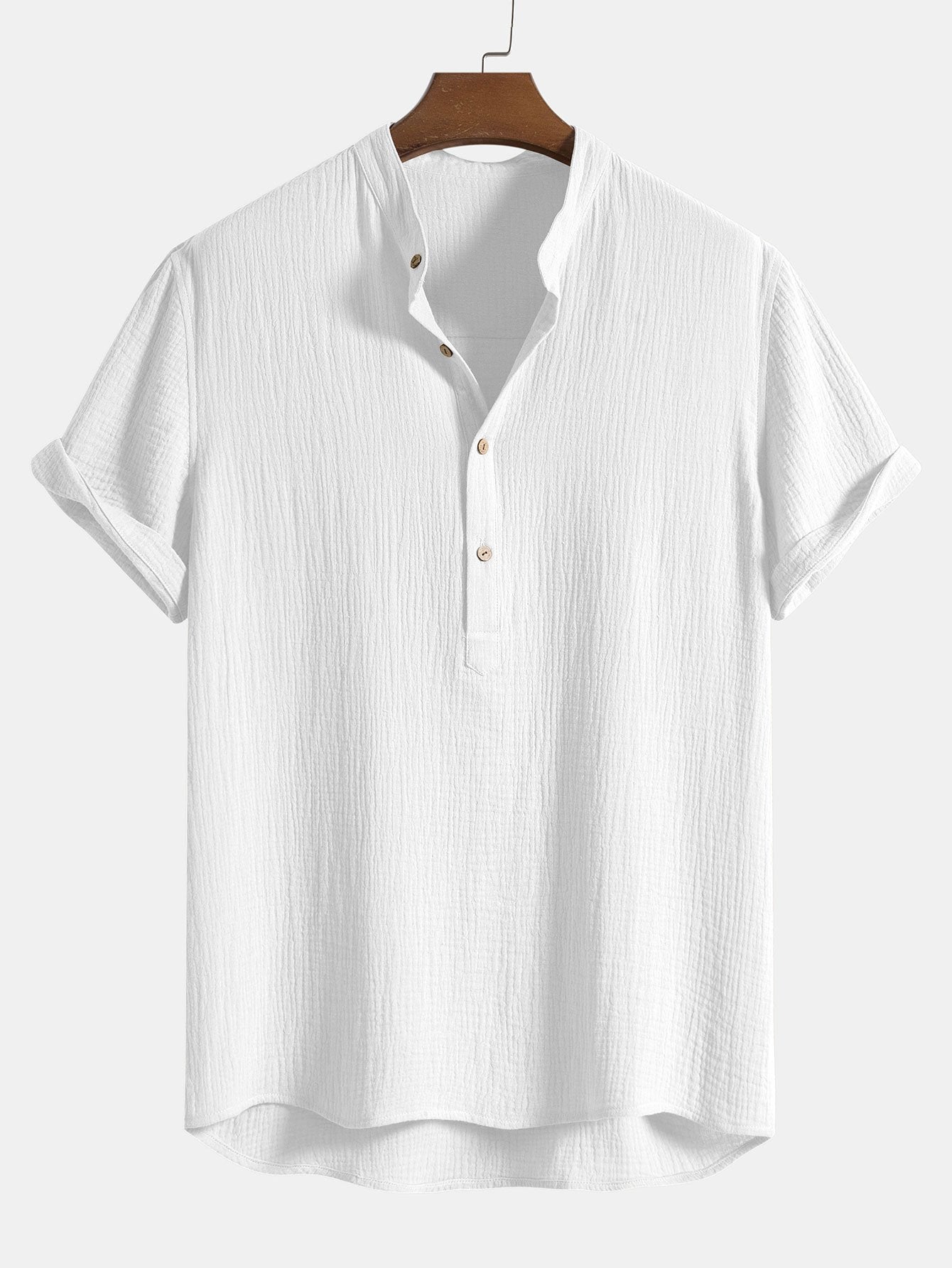 Wrinkled Cotton Half Open Placket Henley Collar Shirt