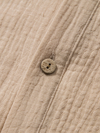 Wrinkled Cotton Half Open Placket Henley Collar Shirt