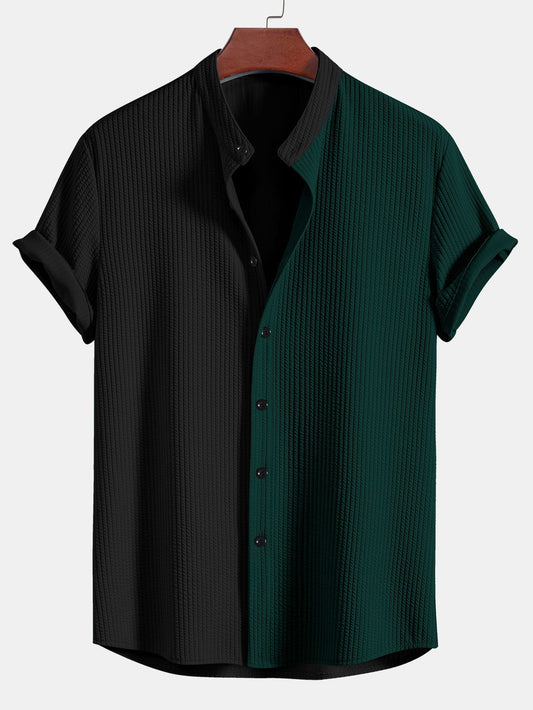 Two Tone Muscle Fit Ribbed Stand Collar Shirt