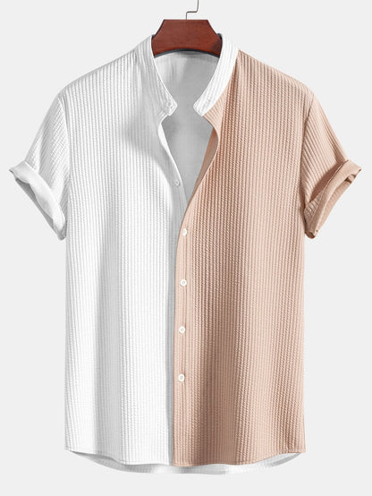 Two Tone Muscle Fit Ribbed Stand Collar Shirt