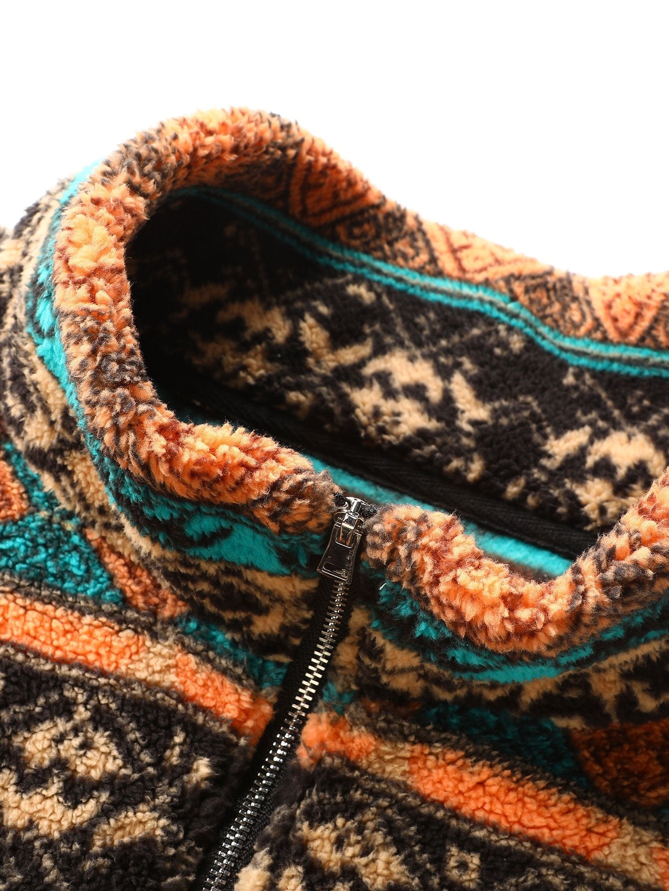 Relax Fit Quarter Zip Ethnic Geometric Patchwork Teddy Sweatshirt