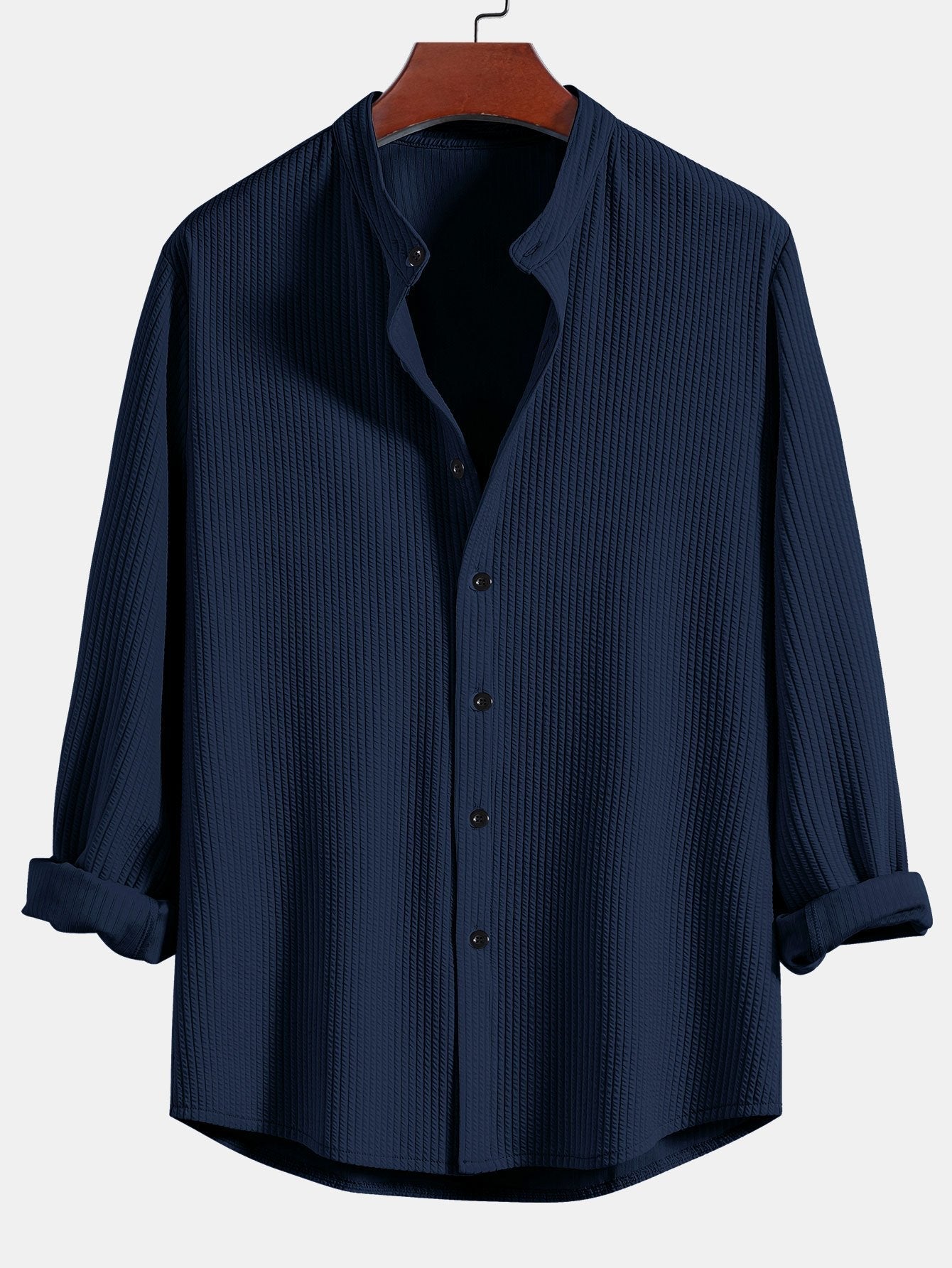 Long Sleeve Muscle Fit Ribbed Stand Collar Shirt