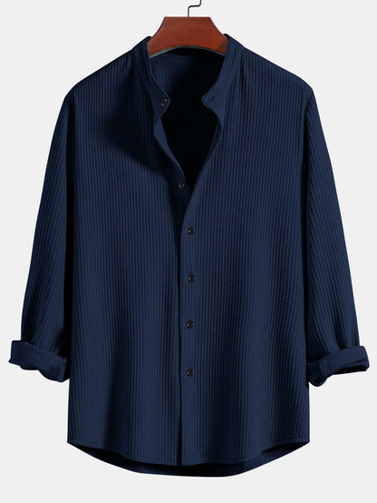 Long Sleeve Muscle Fit Ribbed Stand Collar Shirt