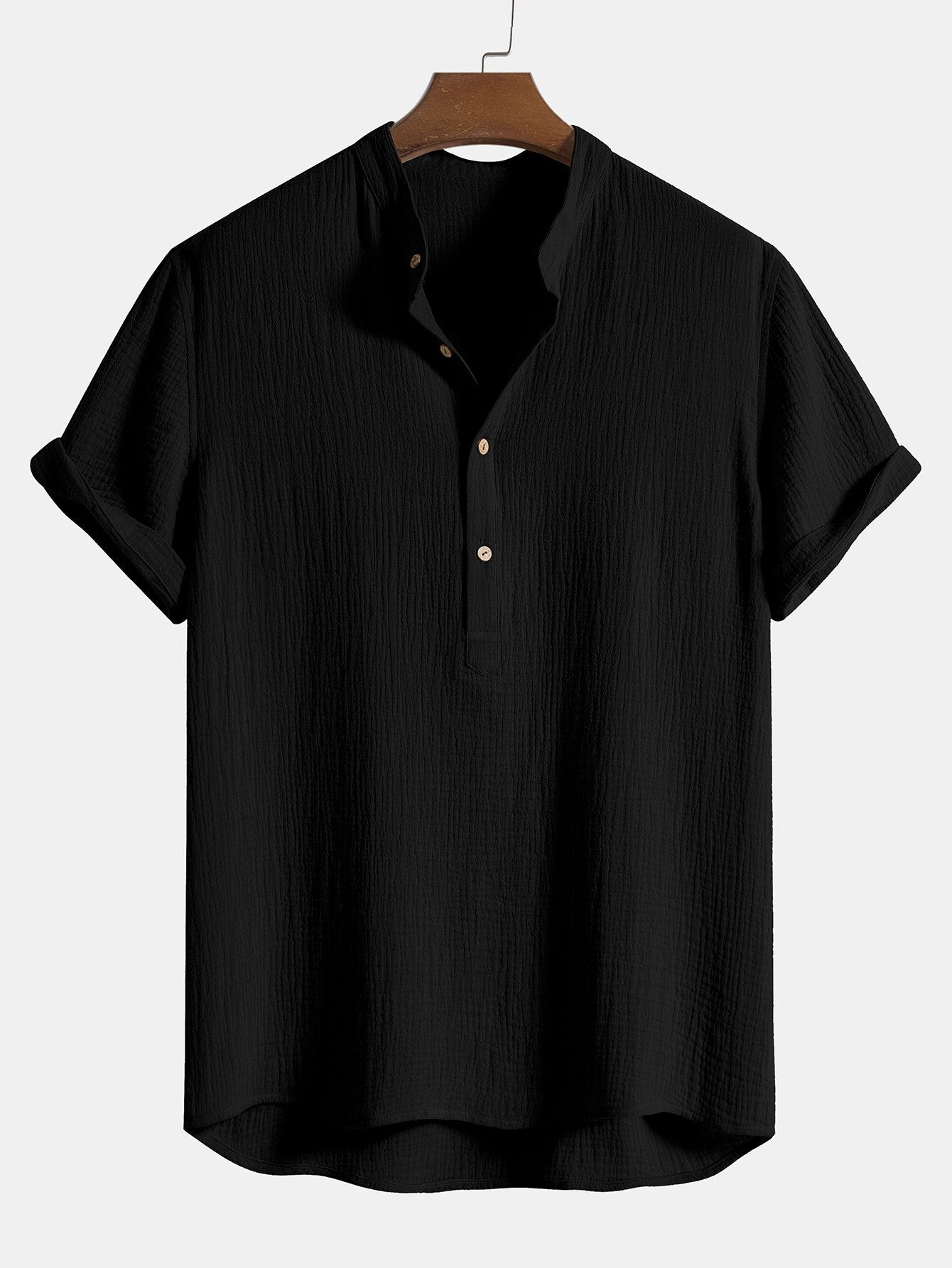 Wrinkled Cotton Half Open Placket Henley Collar Shirt