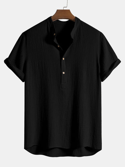 Wrinkled Cotton Half Open Placket Henley Collar Shirt