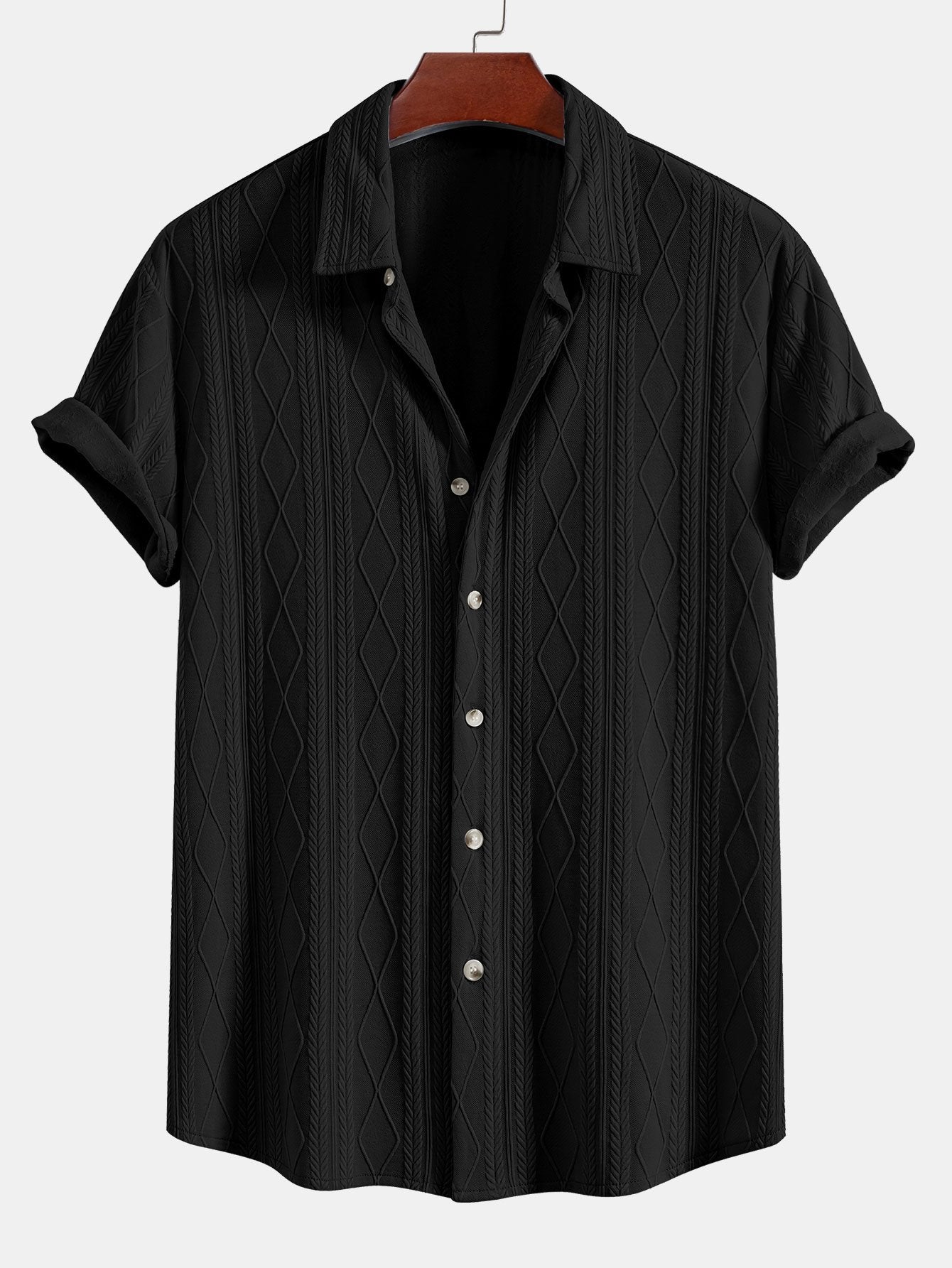 Knitted Geometric Rhombus Jacquard Button Up Shirt
