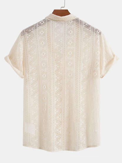 Short Sleeve Geometry Textured Cuban Shirt