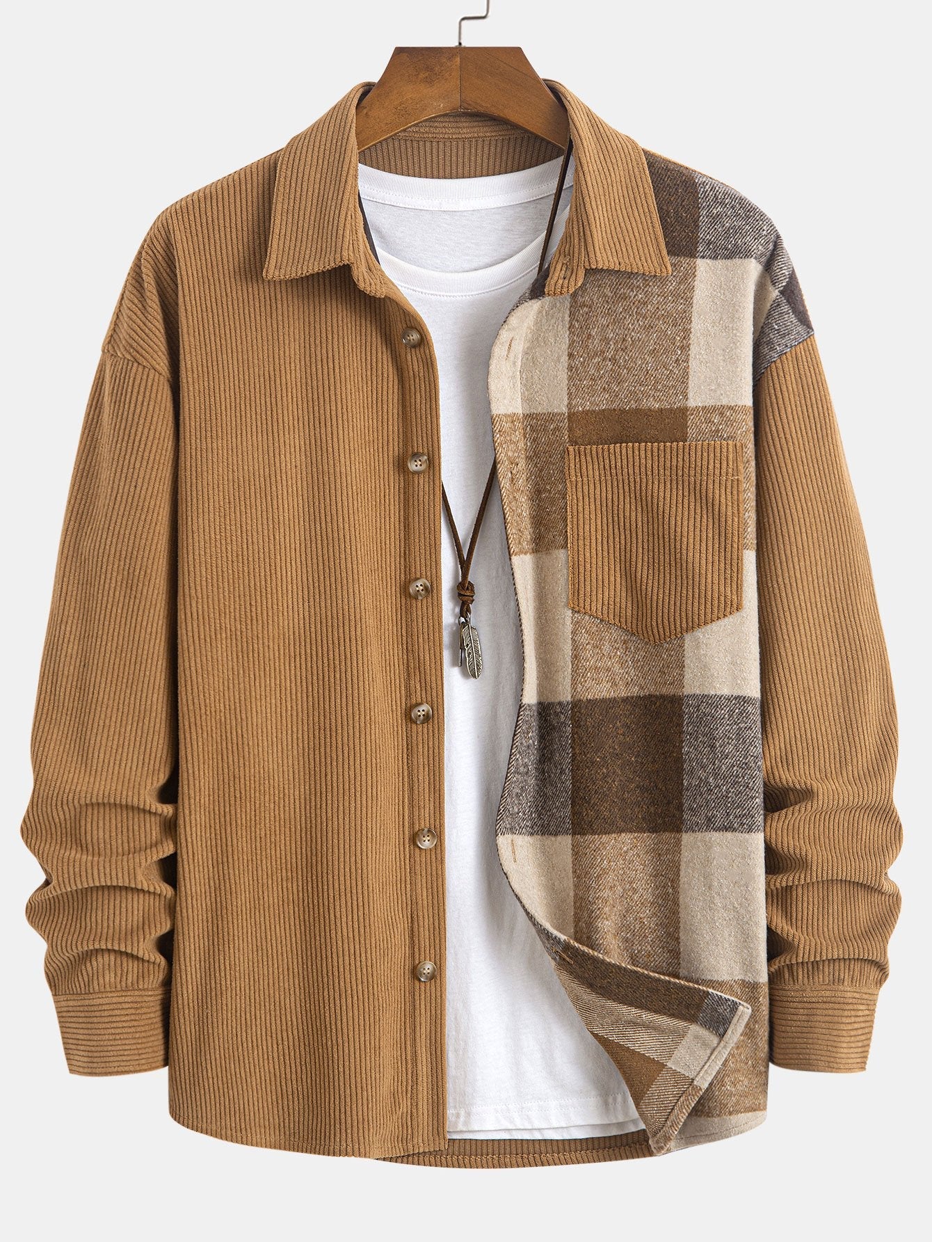 Relax Fit Corduroy Plaid Patchwork Shirt