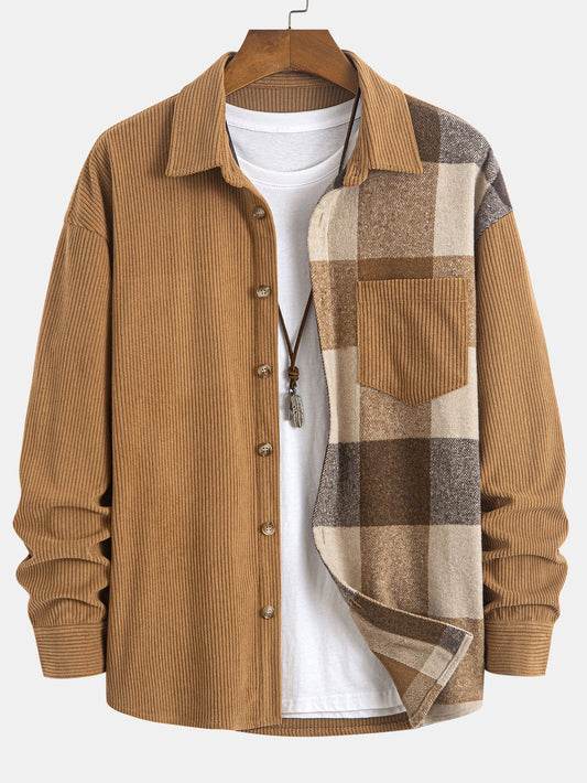 Relax Fit Corduroy Plaid Patchwork Shirt
