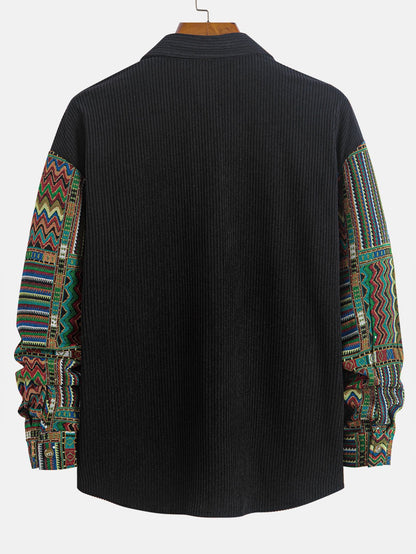 Relax Fit Ethnic Geometric Corduroy Patchwork Shirt # Random Pattern Design #