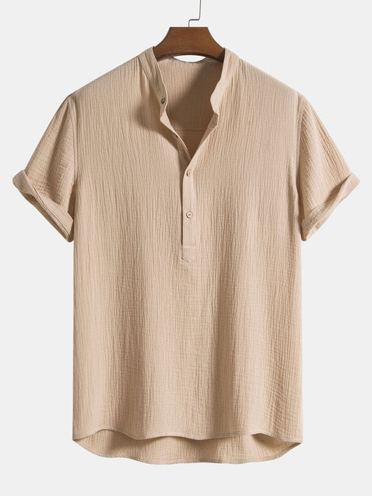 Wrinkled Cotton Half Open Placket Henley Collar Shirt