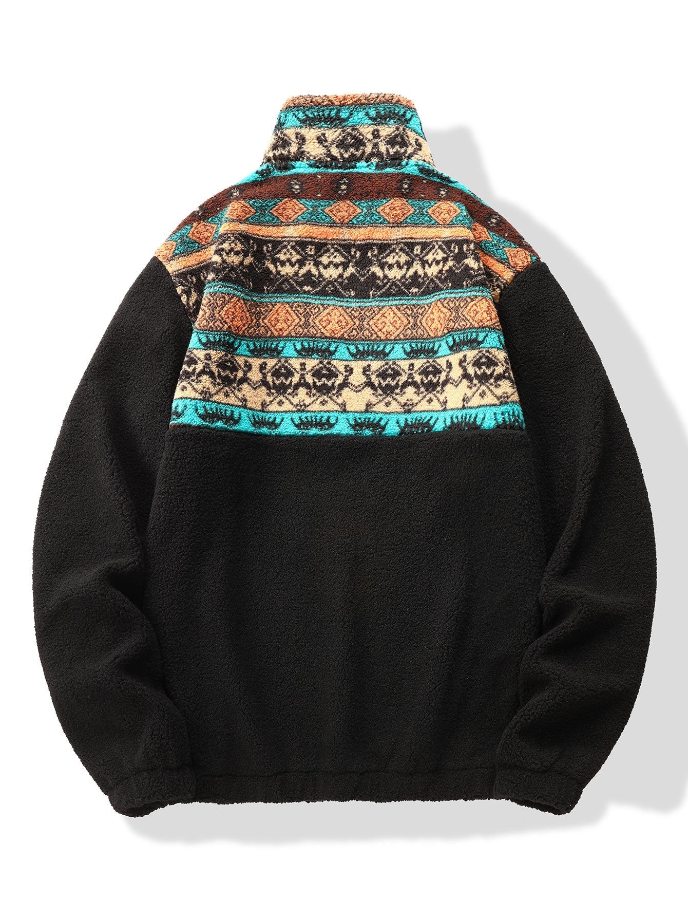 Relax Fit Quarter Zip Ethnic Geometric Patchwork Teddy Sweatshirt