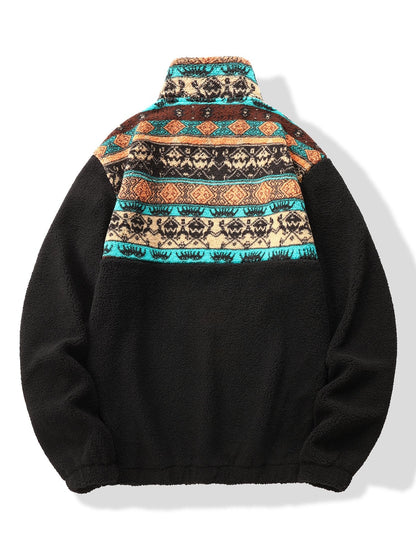 Relax Fit Quarter Zip Ethnic Geometric Patchwork Teddy Sweatshirt