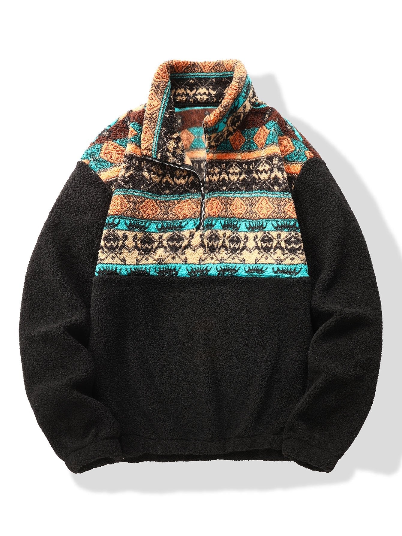 Relax Fit Quarter Zip Ethnic Geometric Patchwork Teddy Sweatshirt